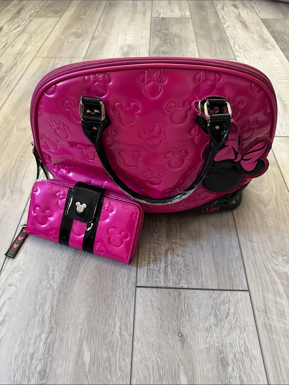 Loungefly Disney Minnie Loves Mickey Hot Pink Dome Bowler Bag and Wallet Set
